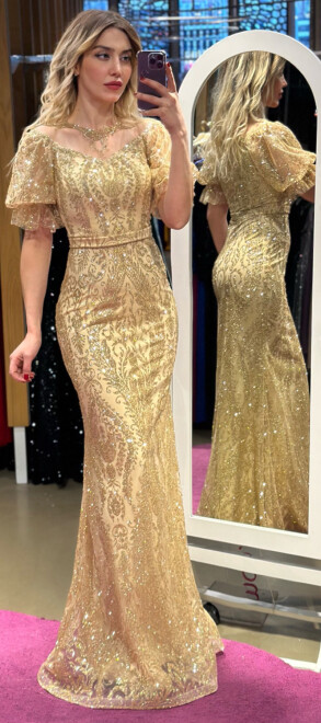 Gold Balon Kollu Dantel Detaylı Düz Kesim Simli Tül Uzun Abiye Elbise 7278 - 1