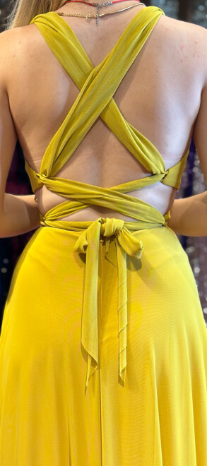 Sarı Sırt Dekolteli Kloş Etekli Likralı Uzun Abiye Elbise 6556 - 4