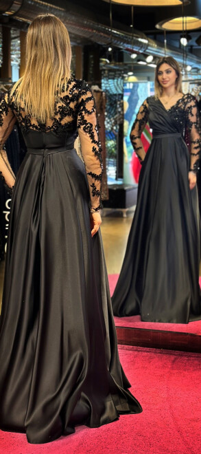 Siyah Uzun Kollu Dantel Detaylı Kloş Etekli Saten Uzun Abiye Elbise 7510 - 5
