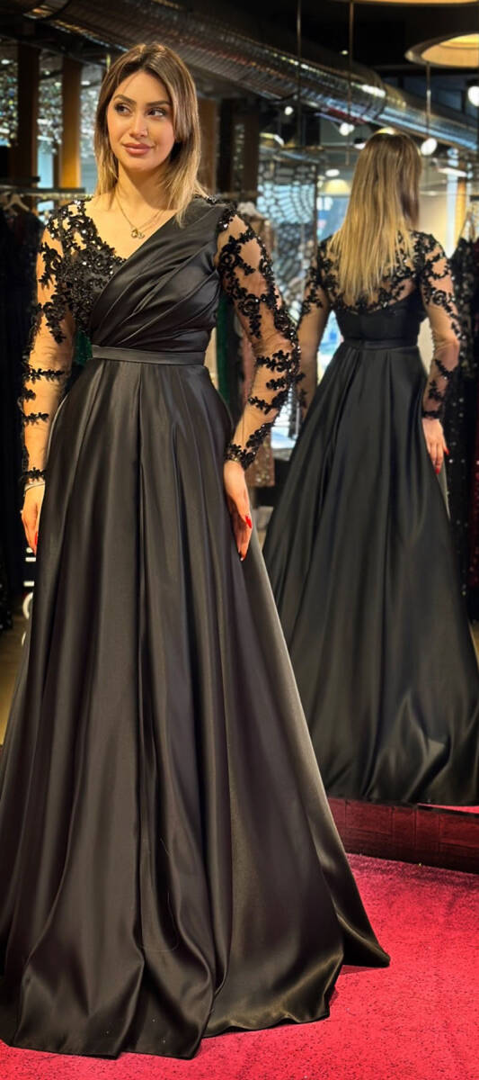 Siyah Uzun Kollu Dantel Detaylı Kloş Etekli Saten Uzun Abiye Elbise 7510 - 3