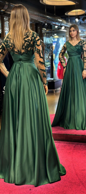 Yeşil Uzun Kollu Dantel Detaylı Kloş Etekli Saten Uzun Abiye Elbise 7510 - 5