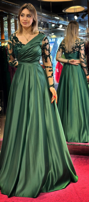 Yeşil Uzun Kollu Dantel Detaylı Kloş Etekli Saten Uzun Abiye Elbise 7510 - 3
